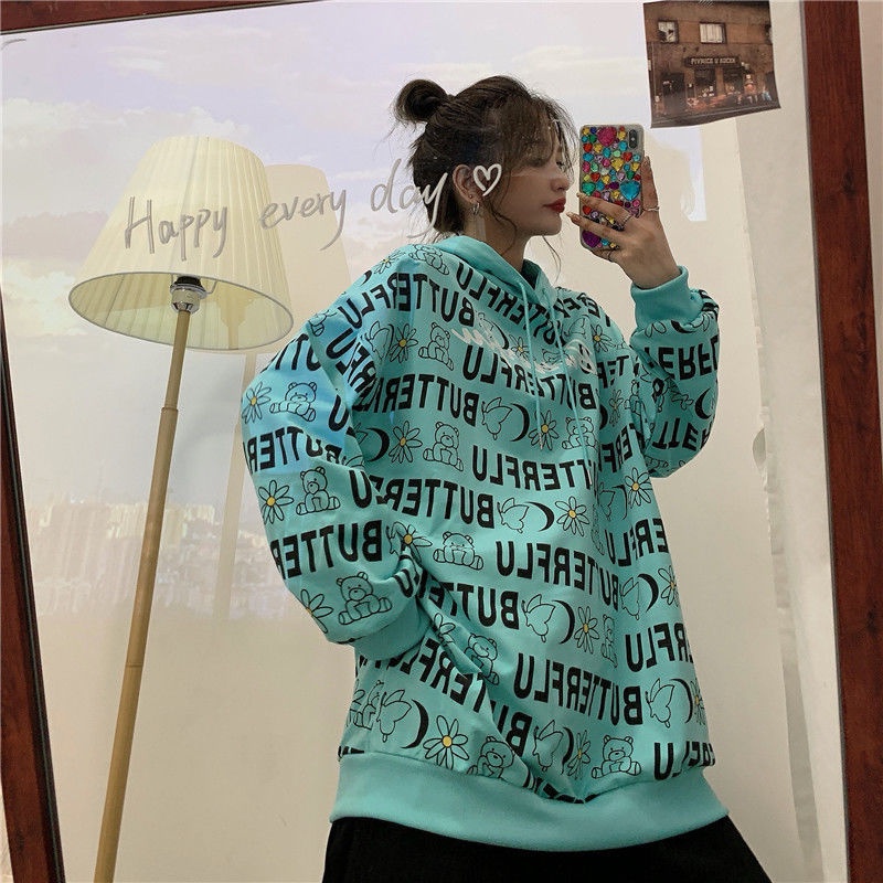 Áo Hoodie Tay Dài Form Rộng Họa Tiết In Hợp Thời Trang