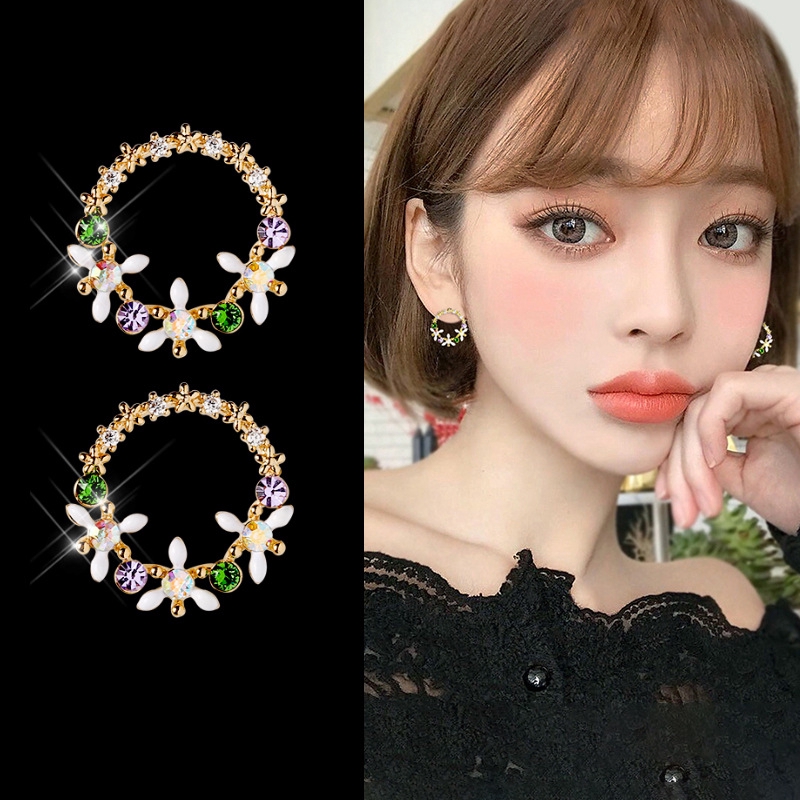 Bông Tai Hình Hoa Đính Đá Zircon Nhiều Màu Xinh Xắn