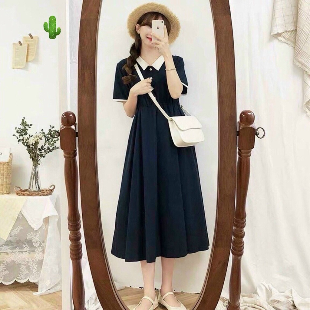 Đầm cổ bẻ cài nút tiểu thư dáng suông , chất kate lụa mềm mịn ( ảnh thật )