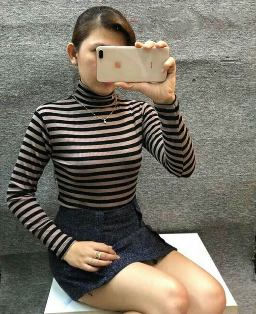 [Mã FASHIONT4WA2 giảm 10K đơn 50K] Áo Body Kẻ Ngang Cổ Lọ - Hàng Đẹp