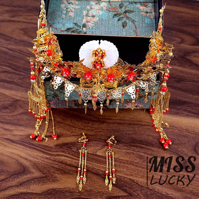 New Bride's Headwear Golden Costume Headdress Chinese Phoenix Coronet Hair Ornament Cheongsam Dress Tiara