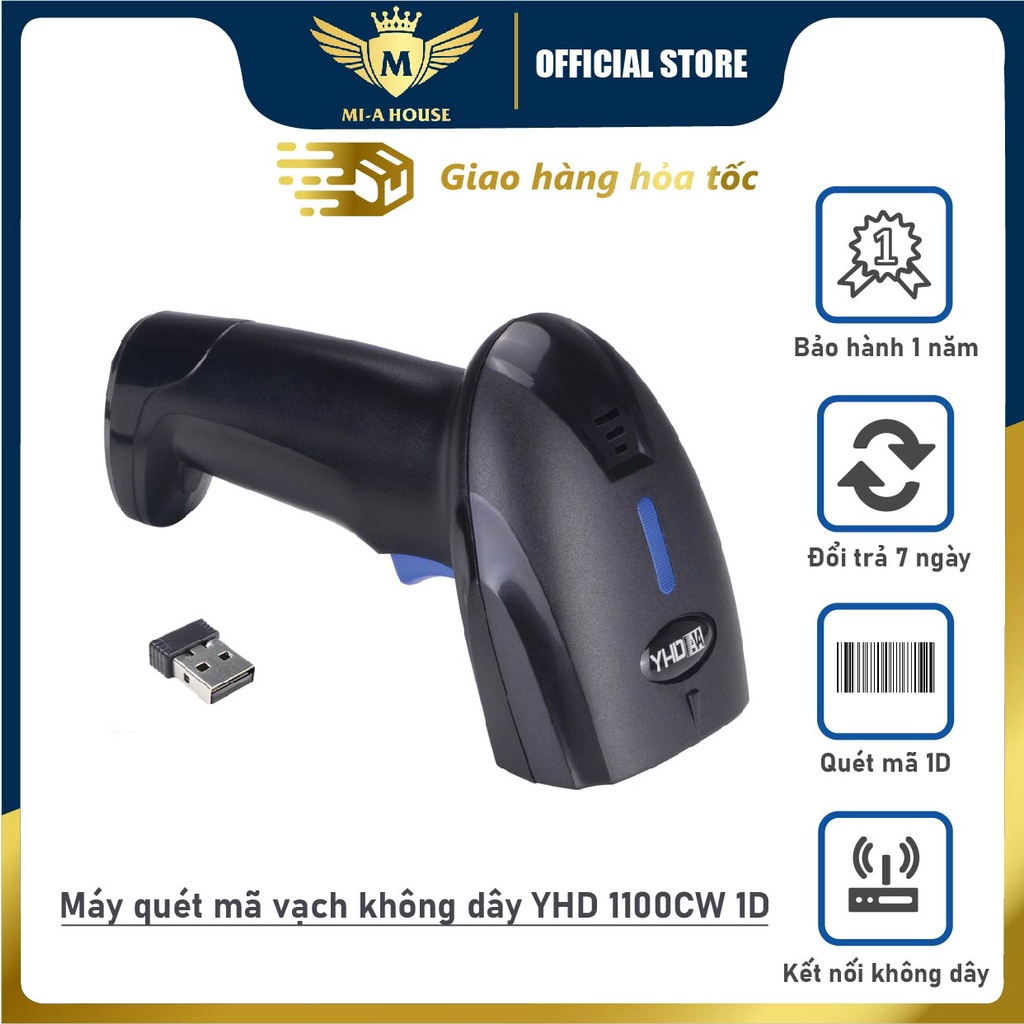Máy quét mã vạch không dây di động YHD 1100CW dành cho siêu thị, shop bán lẻ, đọc mã vạch 1D không cần cài đặt,