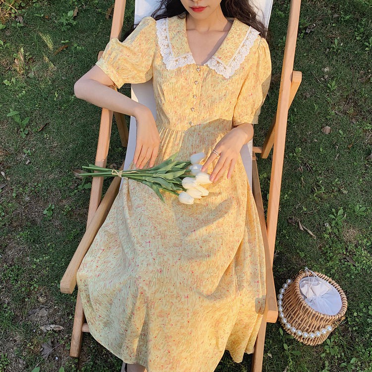 Summer new yellow floral chiffon ladies dress | BigBuy360 - bigbuy360.vn