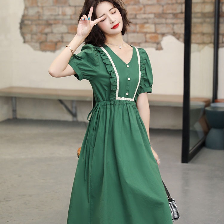 Đầm Midi Tay Phồng Cổ Tròn In Họa Tiết Trái Tim Phong Cách Hàn Quốc Xinh Xắn Cho Nữ