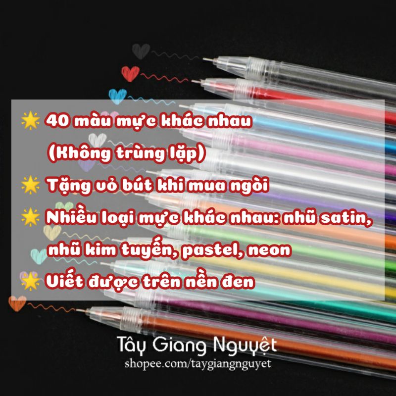 Set 40 bút gel màu nhũ kim tuyến pastel trang trí sổ tay thiệp cưới thiệp sinh nhật
