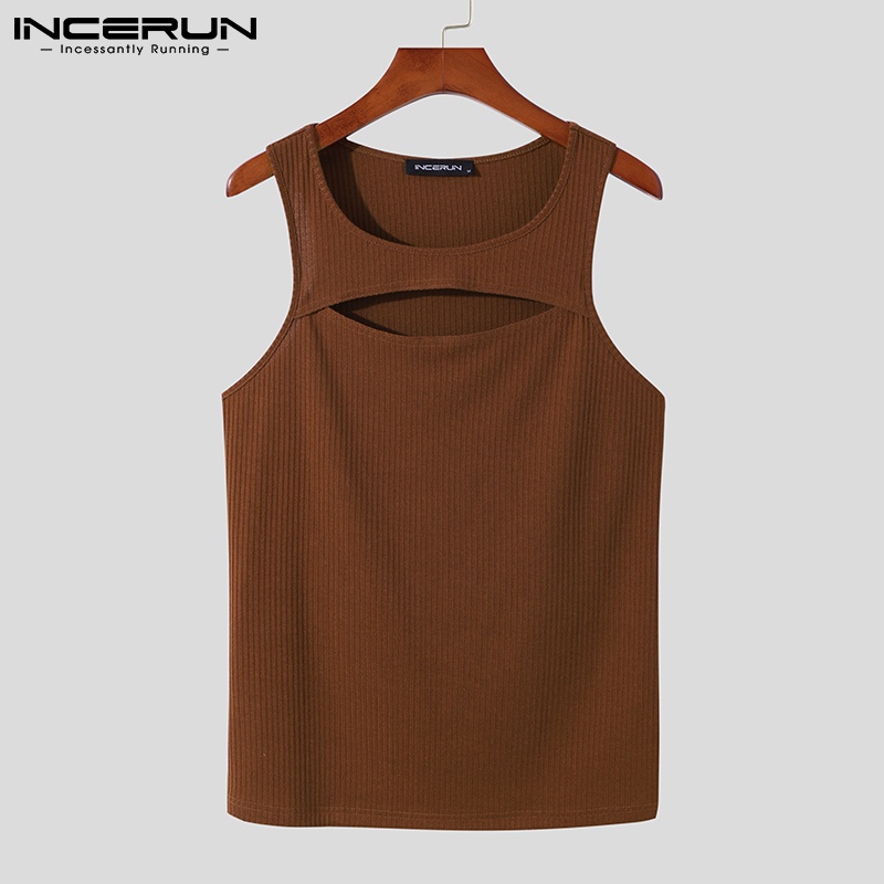 Áo cộc tay INCERUN cổ tròn màu trơn thiết kế rỗng cho nam mặc thường ngày