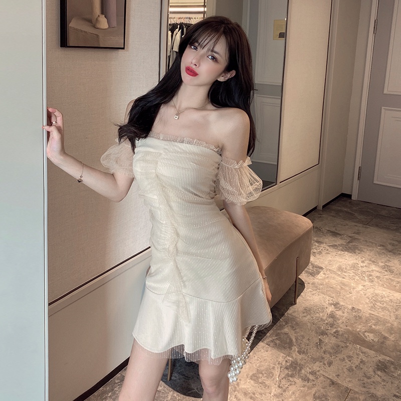 Bắn thật sự◆Đầm Ngắn Trễ Vai Ôm Dáng Phối Lưới Phong Cách Thời Trang Mới 2022