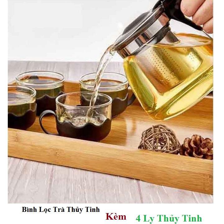 Bình lọc trà 𝑭𝑹𝑬𝑬𝑺𝑯𝑰𝑷 Bộ Bình Trà Thủy Tinh 4 Ly Lưới Lọc Inox 304 Tiện Dụng