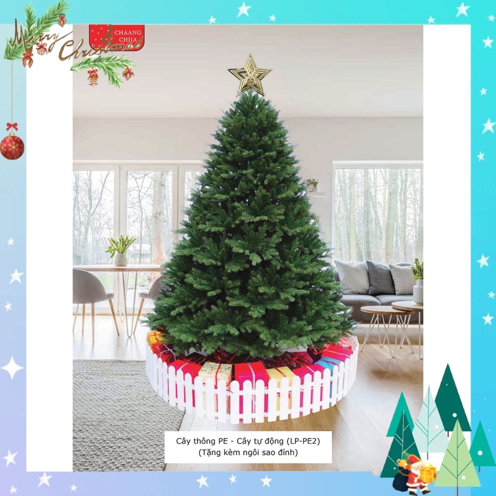 Cây thông noel PE 3m6 cây tự động bung nhánh tặng ngôi sao đỉnh và dây kim tuyến trang trí giáng sinh