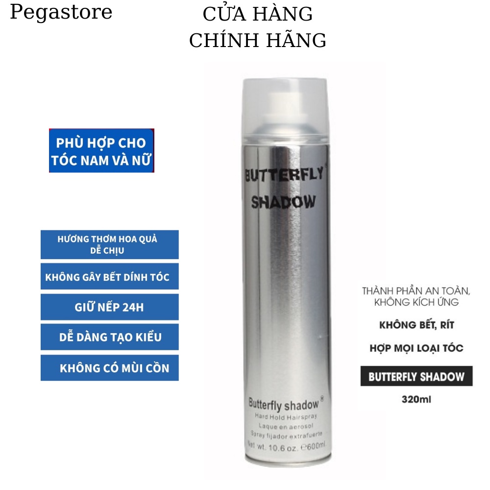 Keo xịt tóc BUTTERFLY - Keo sịt tóc 600ml -Gel xịt tạo kiểu SHADOW Hard Hold Hairspray