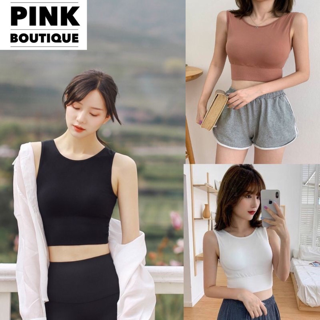 Áo Bra Thể Thao Tập Gym Croptop Ba Lỗ Cổ Tròn Có Đệm Mỏng Co Giãn Cao Cấp PINKBOUTIQUE