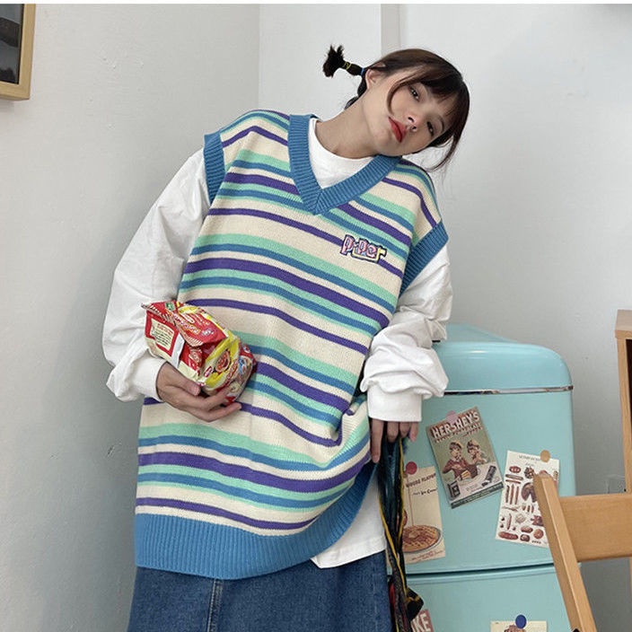 Áo Dệt Kim Sát Nách Cổ Chữ V Dáng Rộng Kẻ Sọc Ngang Màu Sắc Trẻ Trung Phong Cách Hàn Quốc Cho Bạn Gái