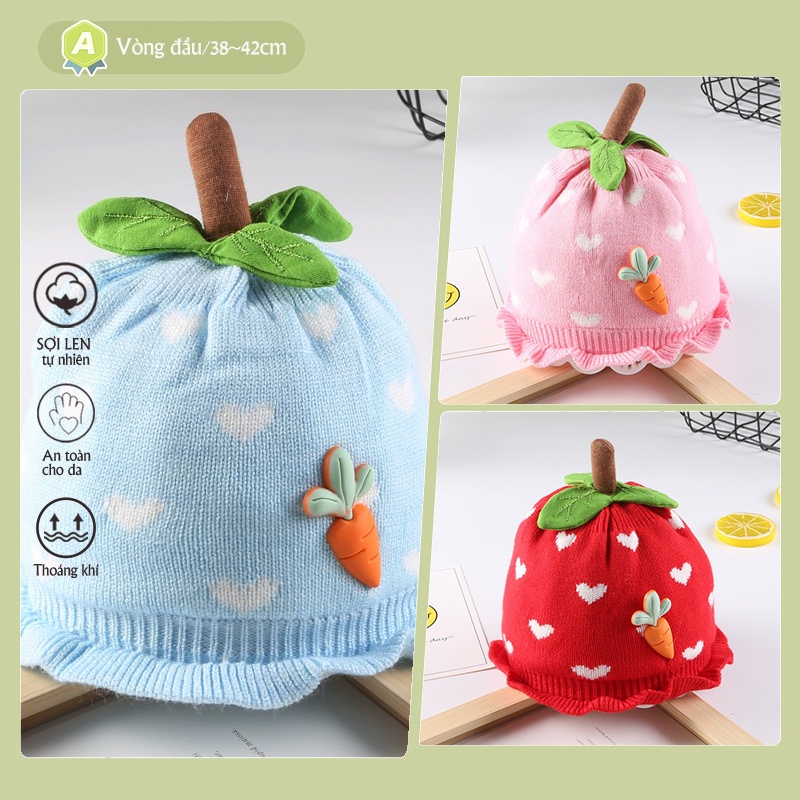 Mũ Nón len dệt kim thiết kế dâu tây đễ thương, 2 lớp cho bé trai, bé gái từ 0- 6 tháng PocoHome