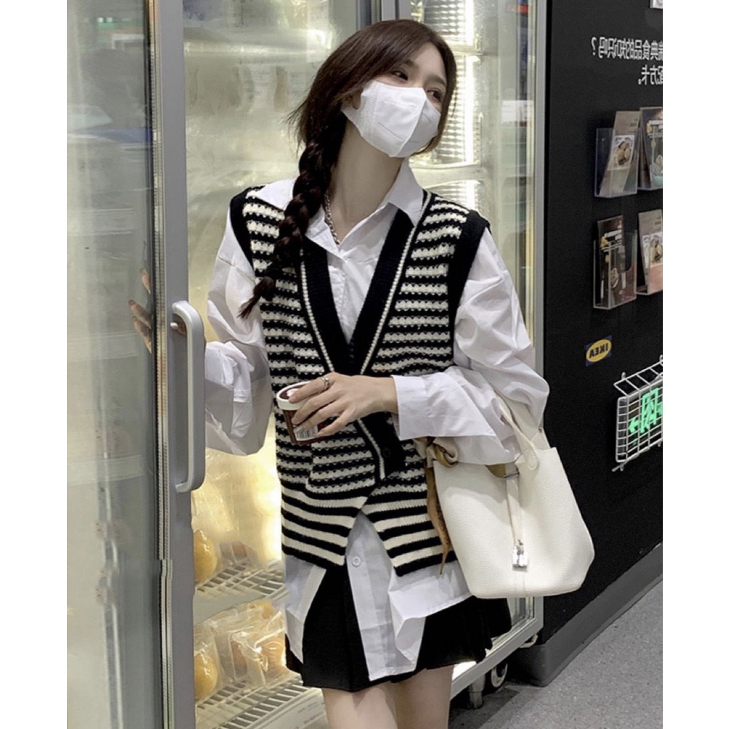 Áo Ghile len nữ , Áo len họa tiết kẻ ngang vạt dài Daski | BigBuy360 - bigbuy360.vn