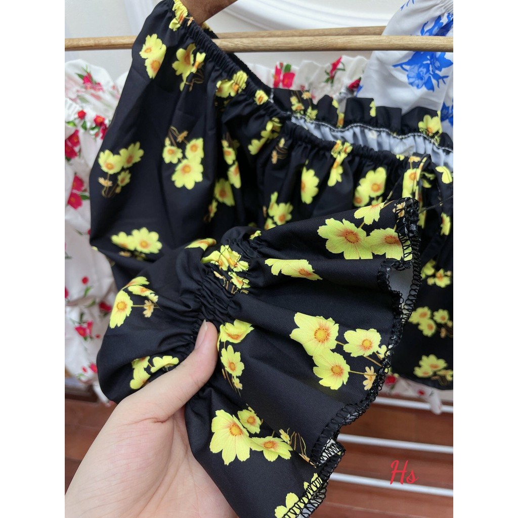 [Hàng Cao Cấp Loại 1] Áo Croptop Hoa Trễ Vai Dài Tay Chất Liệu Đũi Lụa Daisy Boutique