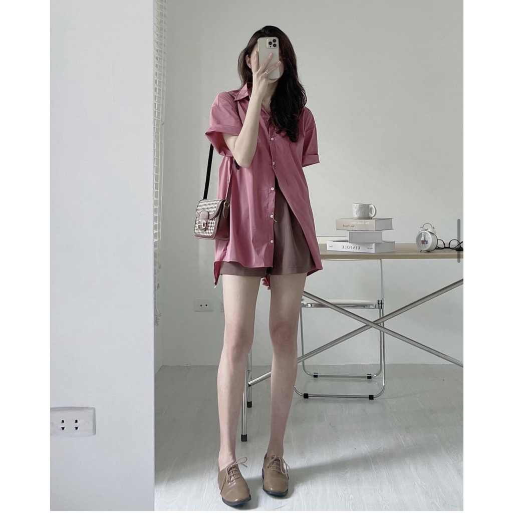 Áo Sơ mi thô trơn ngắn tay xẻ sau up