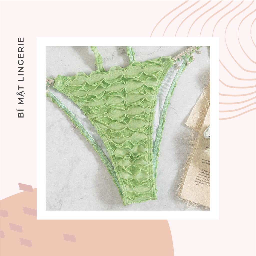 Bikini đồ bơi sexy buộc dây xanh bơ kèm dây đính đá lấp lánh vải nhún tôn da