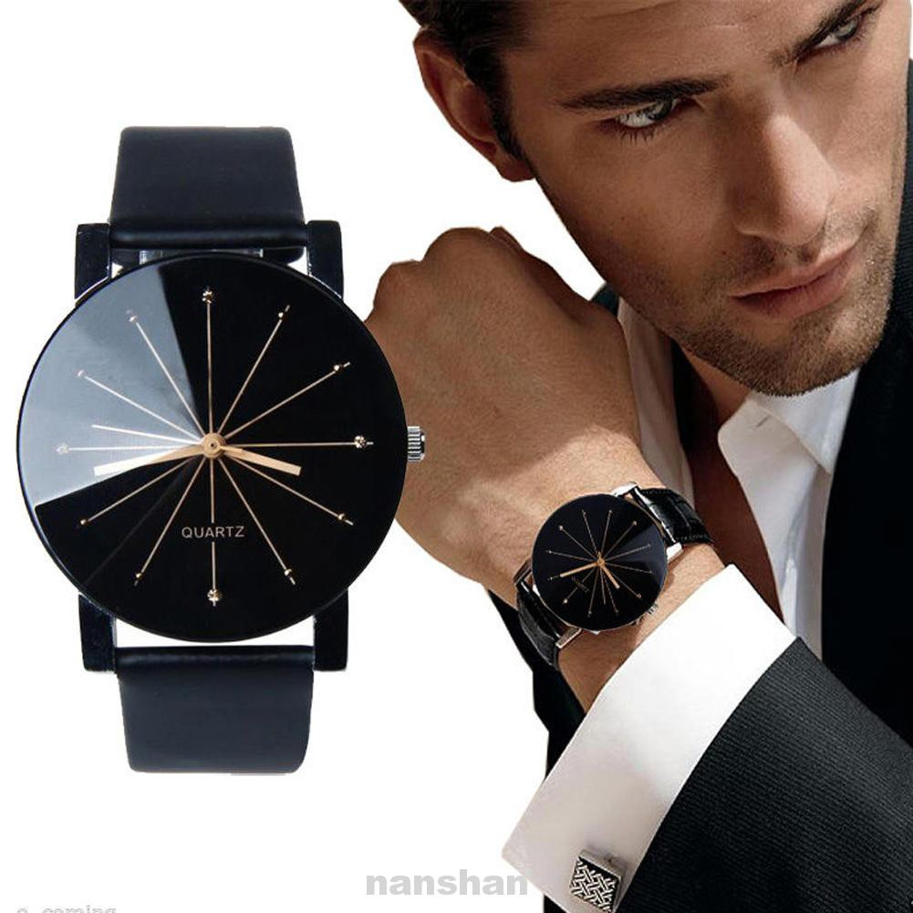 Round Battery Powered Business Analog Adult Gloss Stainless Steel PU Leather Easy Read Men Wrist Watch