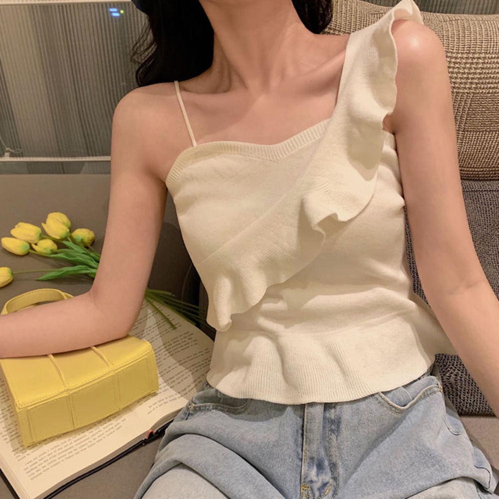 Áo Tank Top Dệt Kim Hở Lưng Phối Diềm Thời Trang