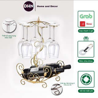 Kệ treo ly rượu vang loại 6 ly và 2 chai màu sắc cổ điển Giá để ly vang Décor nhà cửa, phòng khách chất liệu không gỉ