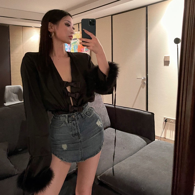 Phong Cách Mùa Thu Mới!F &amp; X Áo Sơ Mi Một Mảnh Tay Dài Cổ Chữ v Ôm Dáng Phong Cách Phương Tây Thời Trang Mùa Thu Quyến Rũ Dành Cho Nữ