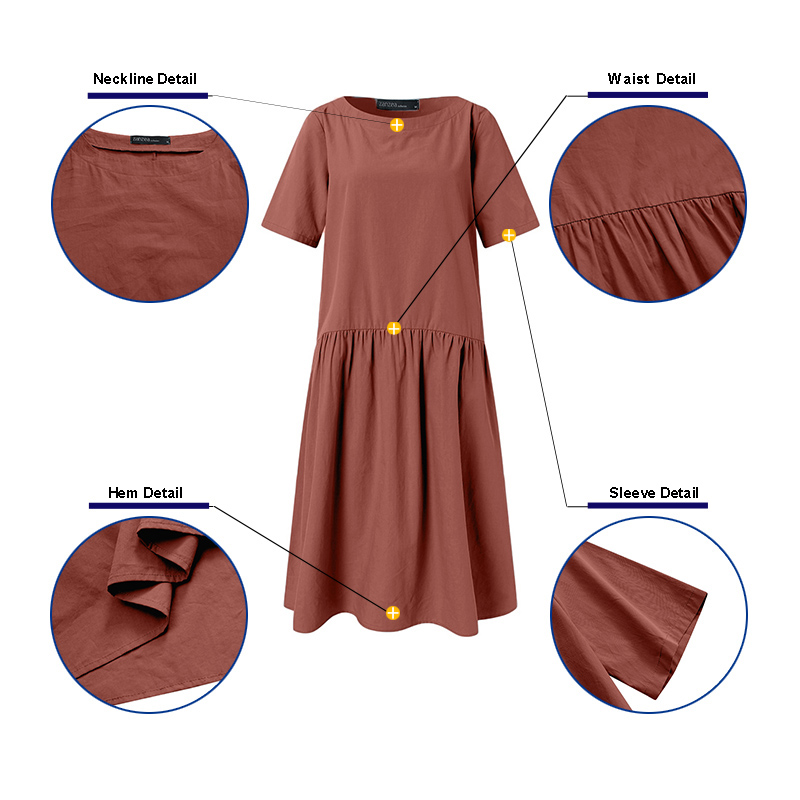 ZANZEA Women's Casual Loose Solid Round Neck Sleeves Split A-Line Dress | BigBuy360 - bigbuy360.vn