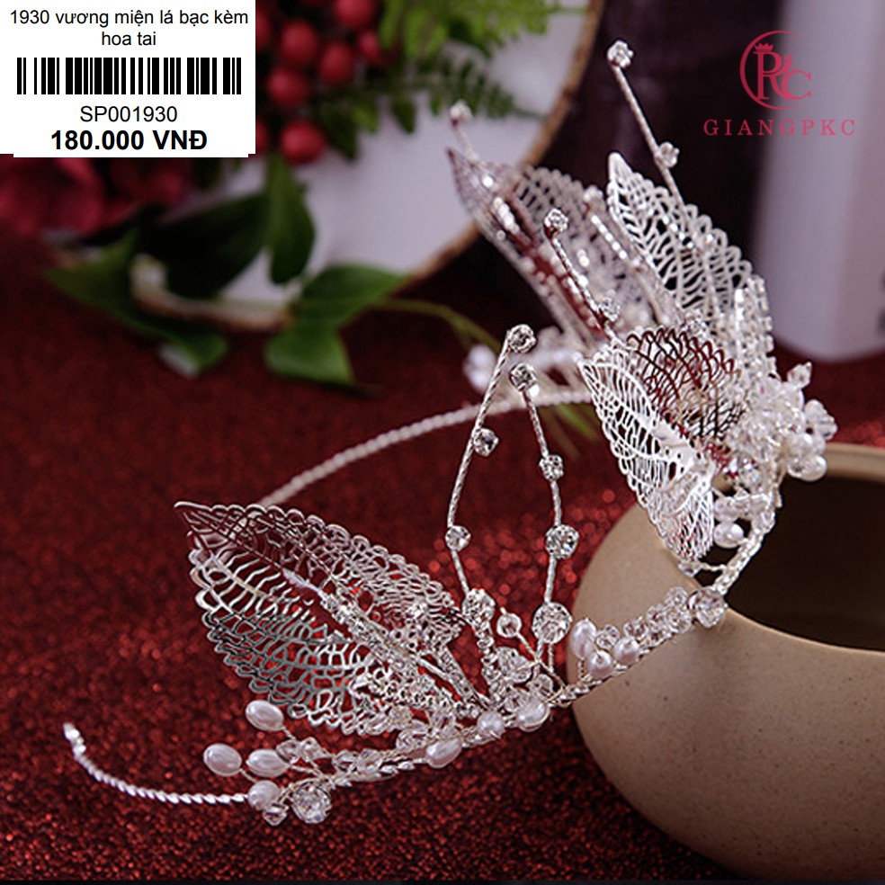 Vương miện cô dâu lá bạc đính hạt trai kèm bông tai Giangpck Sp001930
