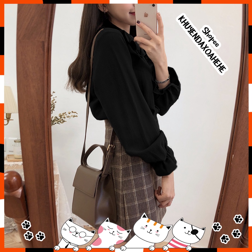 A002 Áo sơ mi nữ đen kiểu Hàn Quốc cổ bèo tay bồng tiểu thư nữ tính, áo ulzzang thô đũi vintage retro lolita búp bê JK | BigBuy360 - bigbuy360.vn