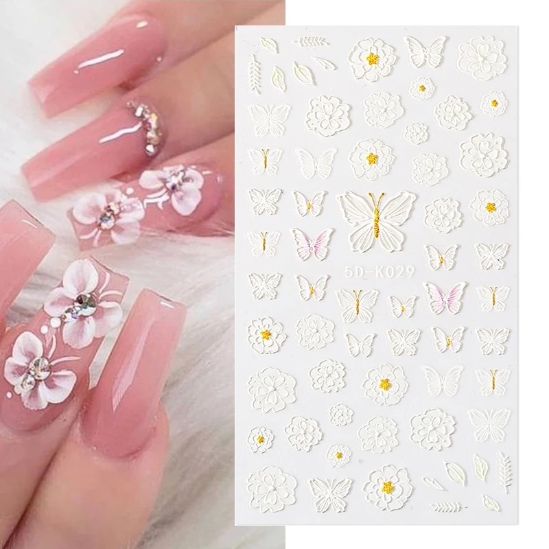 Miếng Dán Trang Trí Móng Tay Bằng Acrylic Dập Nổi Họa Tiết Hoa 5D Xinh Xắn