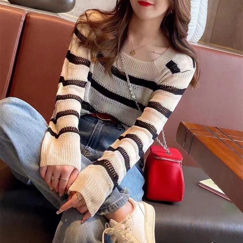 SUXI Áo Dệt Kim Tay Dài Chống Nắng Dáng Rộng Cổ Vuông Họa Tiết Kẻ Sọc Vintage Thời Trang Hè Thu Cho Nữ