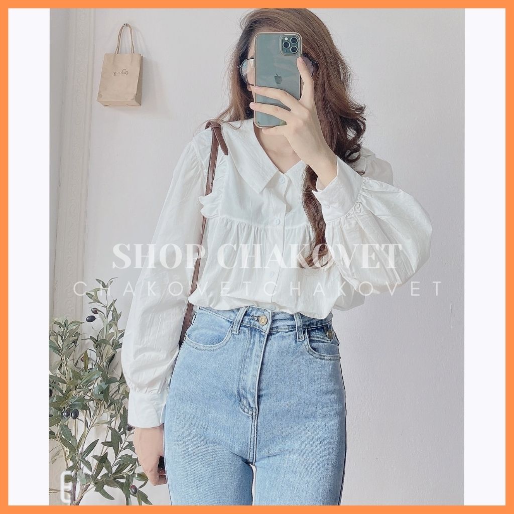 Áo sơ mi nữ dài tay form rộng CKA872, kiểu áo nữ cổ bẻ dáng babydoll trắng tiểu thư vai bèo mặc đi làm, đi học, đi chơi