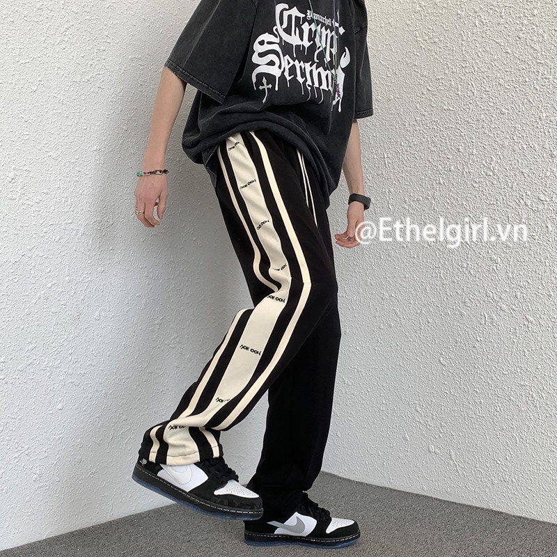 Quần Thể Thao Lưng Cao Ống Rộng In Họa Tiết Kẻ Sọc Bên Hông Phong Cách Đường Phố Mỹ Cho Nữ