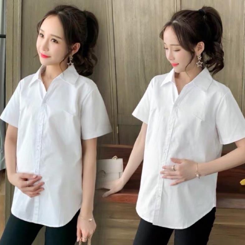 Áo bầu sơ mi nữ trắng form rộng công sở kiểu tay ngắn đẹp- SM07