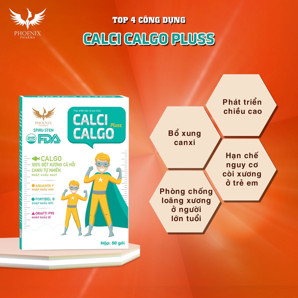 Calci Calgo Pluss Phoenix Pharma, Calci Hữu Cơ Bổ Sung Canxi Cho Cơ Thể Phát Triển Vượt Trội. Phù Hợp Mọi Lứa Tuổi