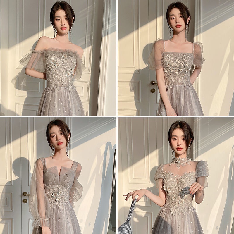 Đầm phù dâu dài tay màu xám xinh xắn thời trang xuân đông cho nữ