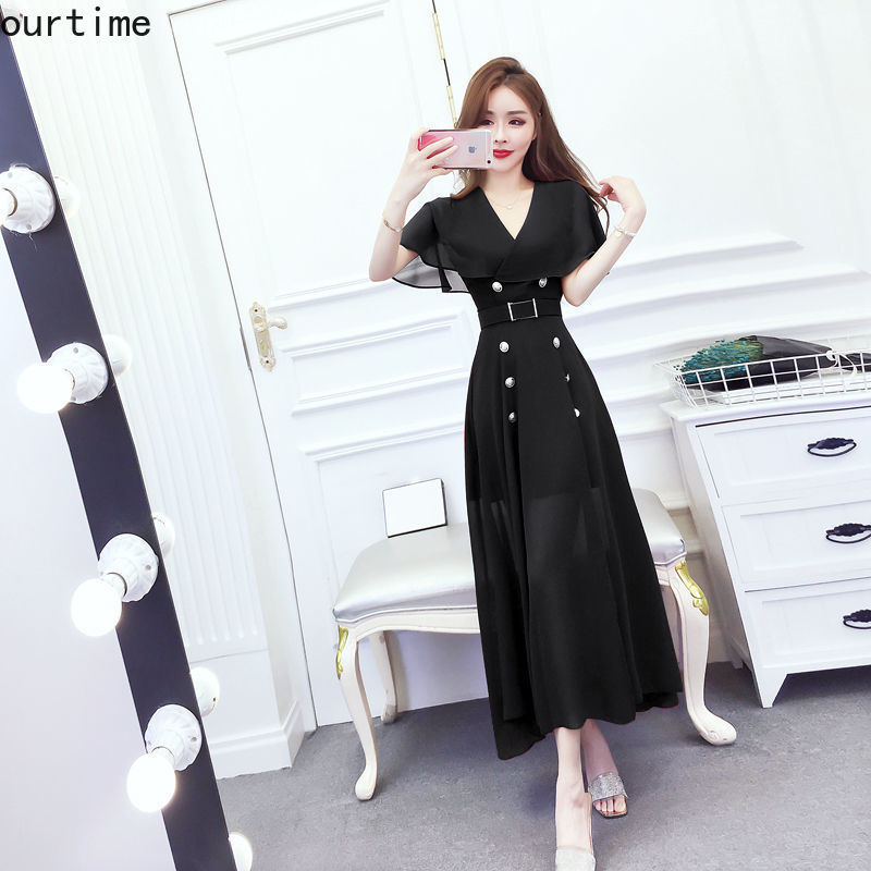 OT Đầm Maxi Vải Chiffon Cổ Chữ V Cài Nút Đôi Thời Trang Mùa Hè Cho Nữ