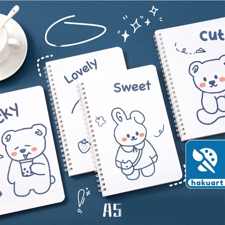 Sổ lò xo A5 Bìa hoạt hình cute 120 trang giấy kẻ dòng màu kem bo góc - Văn phòng phẩm Hakuart