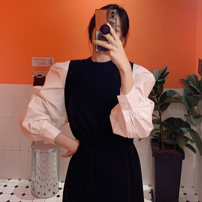 Đầm nữ tay dài cổ tròn phong cách thời trang Hàn Quốc