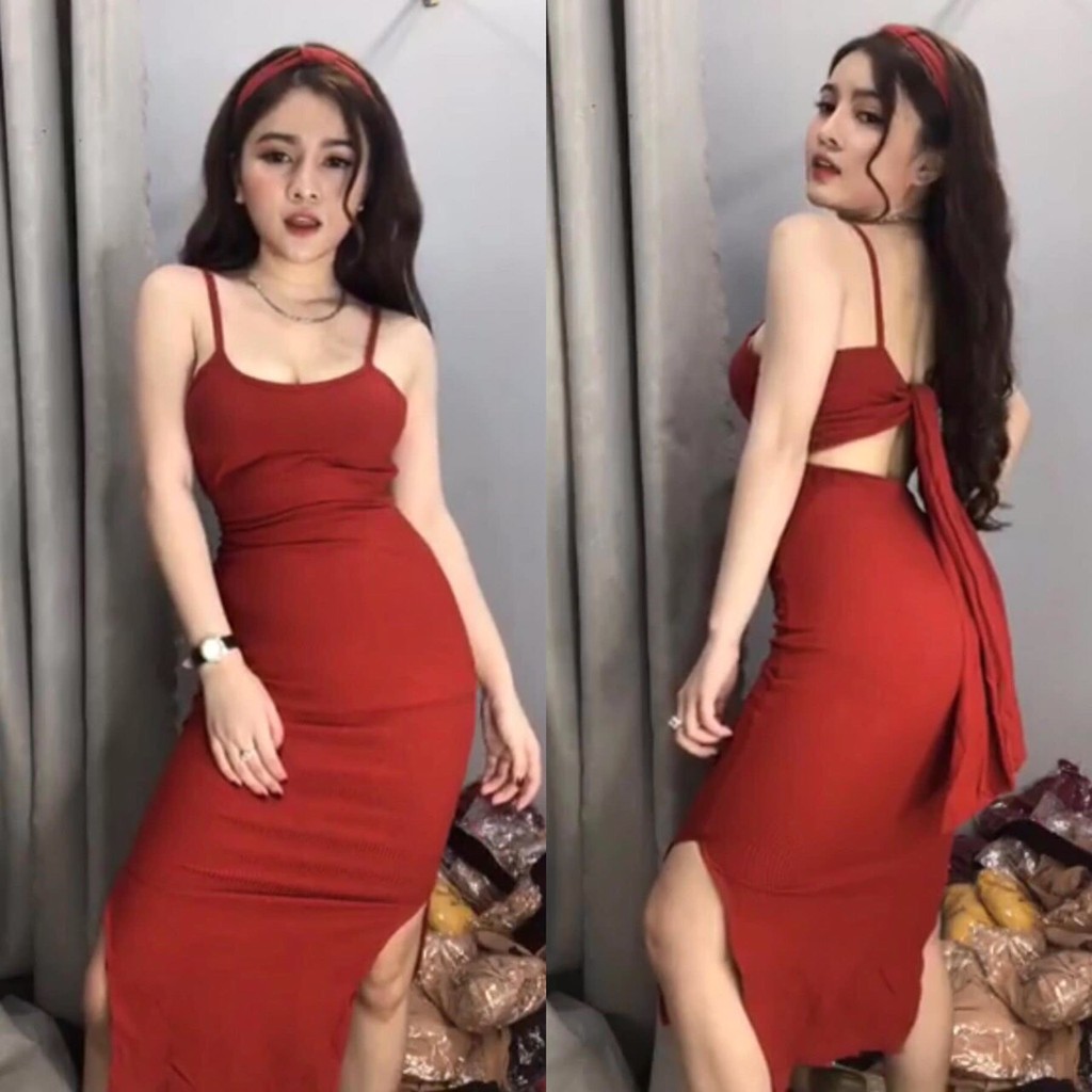 Đầm 2 dây trơn ôm body chất thun đẹp phối buộc nơ lưng xinh xắn