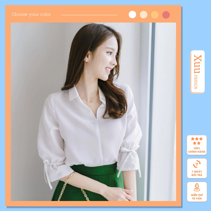 Áo sơ mi nữ trắng thắt tay nơ Xuu Design, Áo kiểu nữ chất vải Lụa mềm mịn thoải mái SK13