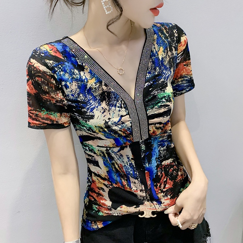 áo thun tay ngắn nữ Chữ v Phối Lưới Thời Trang Mùa Hè Mới