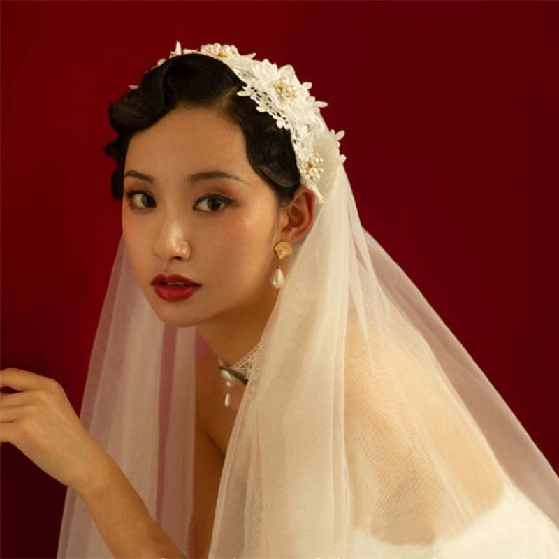 Mạng Che Mặt Vải Ren Hoa Mềm Mại Đính Ngọc Trai Phong Cách Vintage Dành Cho Cô Dâu