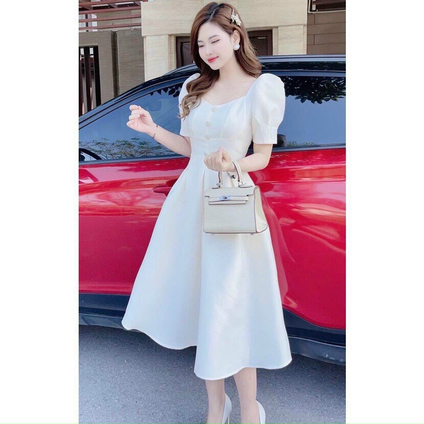 Đầm tiểu thư đi tiệc dáng váy xòe siêu sang chảnh, đầm nữ tay phồng, đầm vintage đính nút, đầm màu trắng đi đám cưới