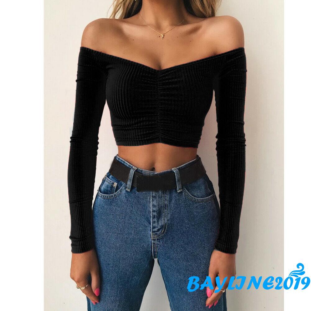 Áo thun crop top lệch vai tay dài giản dị ôm dáng cho nữ | BigBuy360 - bigbuy360.vn