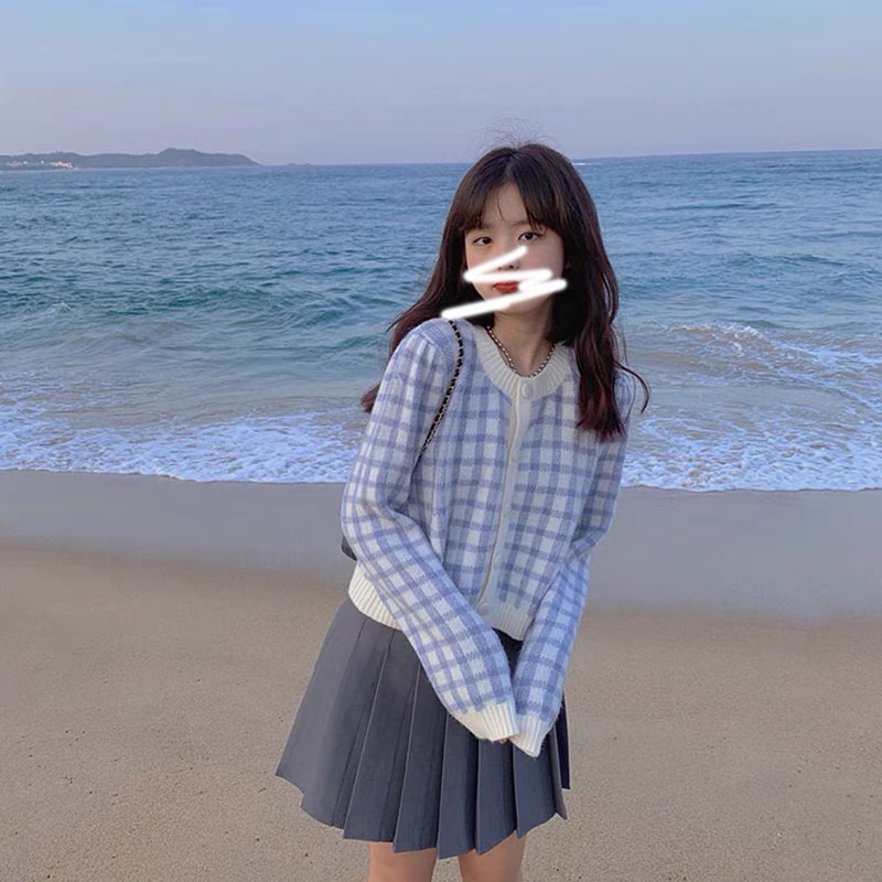 Áo Khoác len Cardigan Dệt Kim Cổ Tròn Sọc Caro Phong Cách Hàn Quốc Thời Trang Mùa Thu Cho Nữ | BigBuy360 - bigbuy360.vn