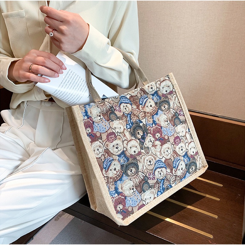 Túi tote Vải Lanh mini In Họa Tiết Hoạt Hình Phong Cách Nhật Bản Thời Trang Cho Nữ