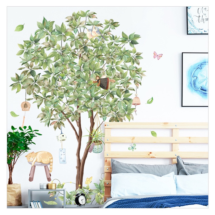 Decal dán tường chú mèo nằm dưới gốc cây