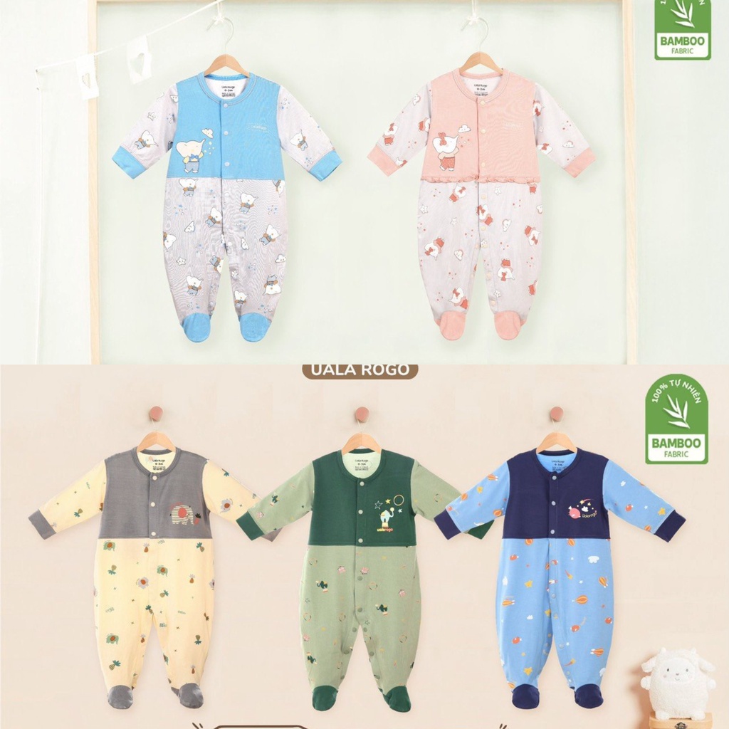 Bộ Bodysuit chùm chân UalaRogo cho bé sơ sinh 0-6 tháng vải sợi tre co giãn mềm mát