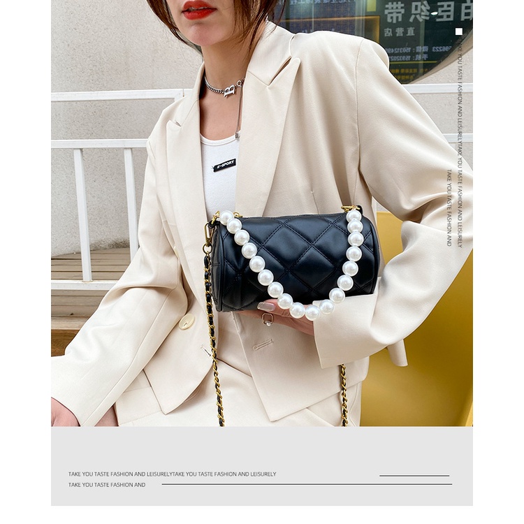 Túi Đeo Chéo  JASMIN NOIR Họa Tiết Caro Phối Dây Đeo Ngọc Trai Nhân Tạo Thời Trang Cho Nữ
