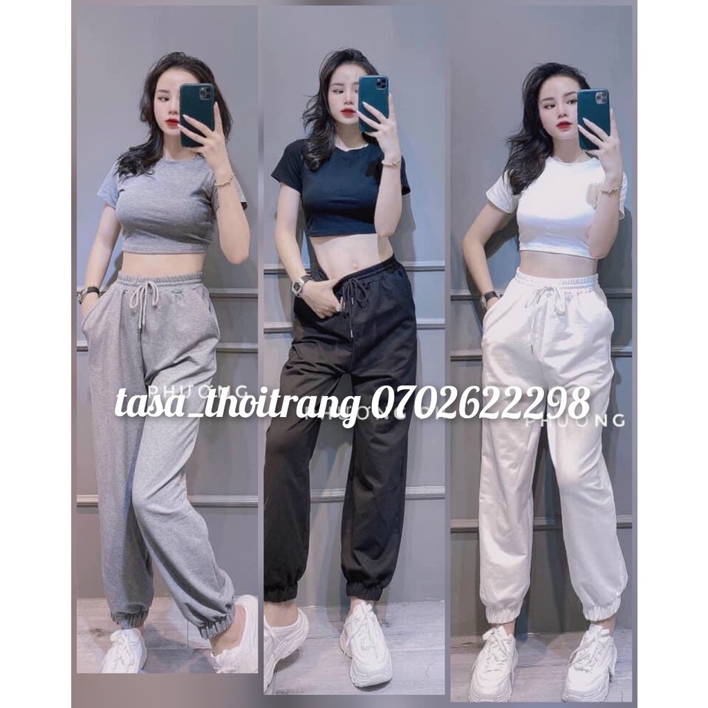 TBO-Sét áo croptop thể thao có khoá kéo kèm quần dài bo chun rút dây thời trang cá tính